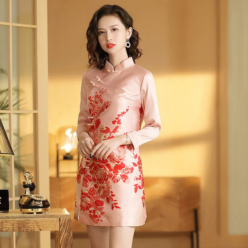 Retro Chinese Style Jacquard Mid-Length Cheongsam Dress