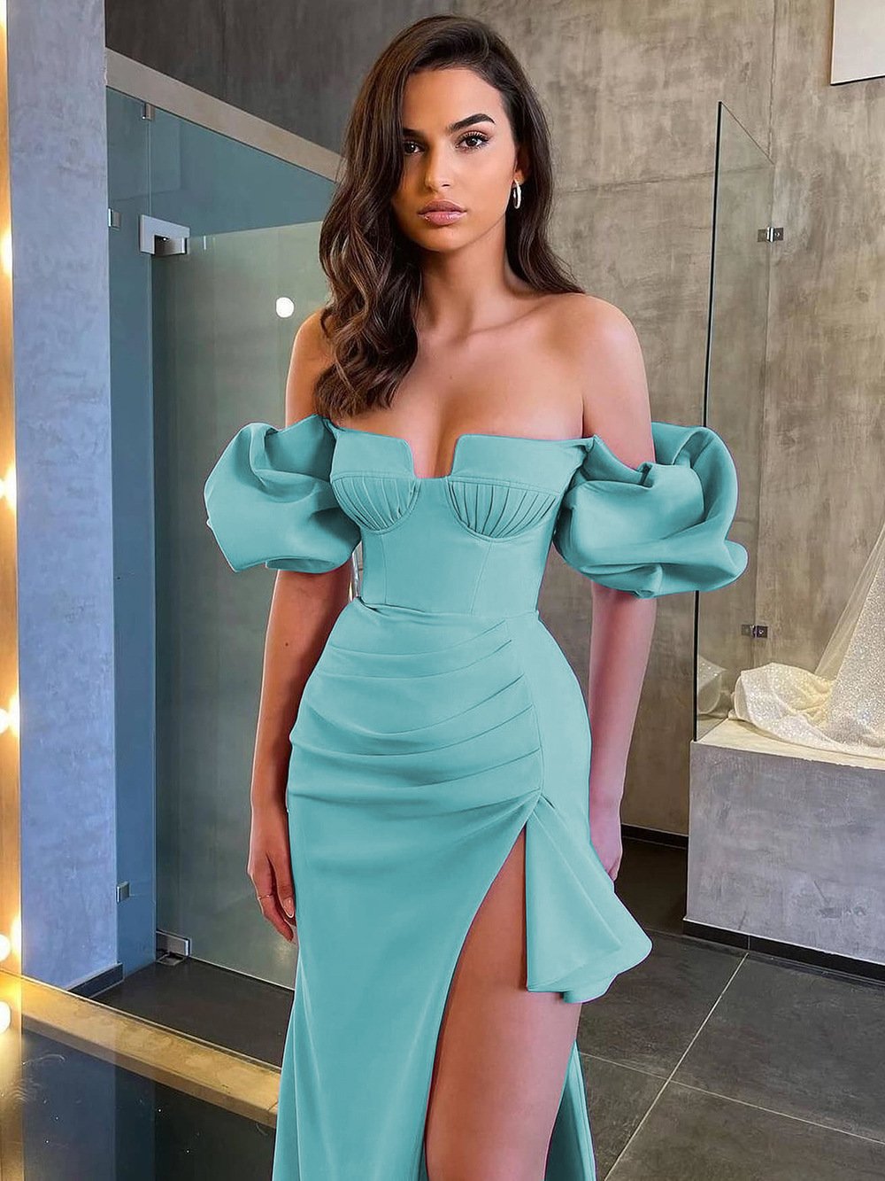 Puff Sleeve Ruffle Bandage Skirt for Women