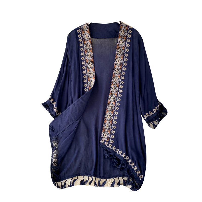 Bohemian Vintage Embroidered Cardigan with Fringe
