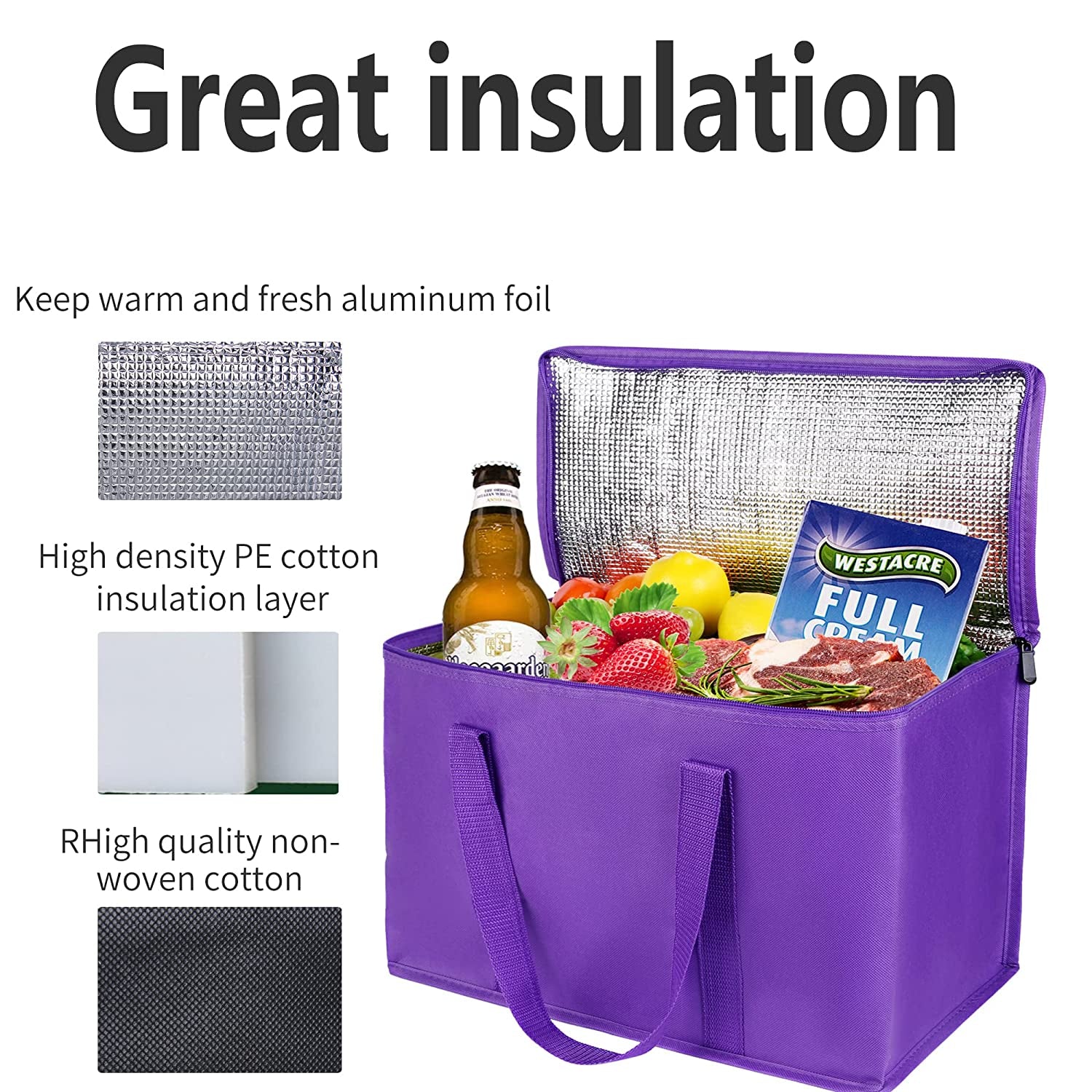 Extra Insulated Grocery Shopping Bags, Purple 2-Pack, Reusable, Heavy Duty, Zipped Zipper,Collapsible,Tote,Cooler,For Men,Women,For Car,Recycled