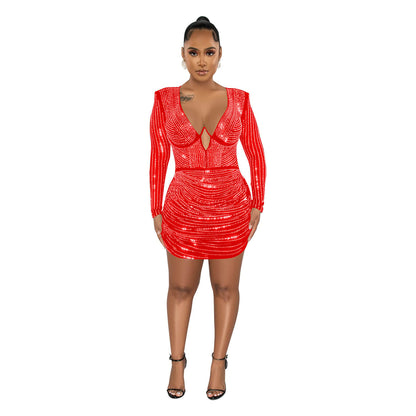 Fashion Women's Pure Color Mesh Hot Drilling Dress