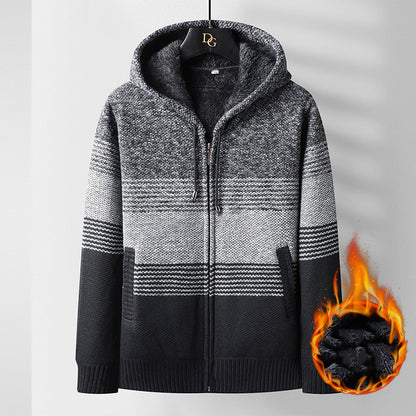Hooded Men's Fleece Striped Cardigan Winter Jacket