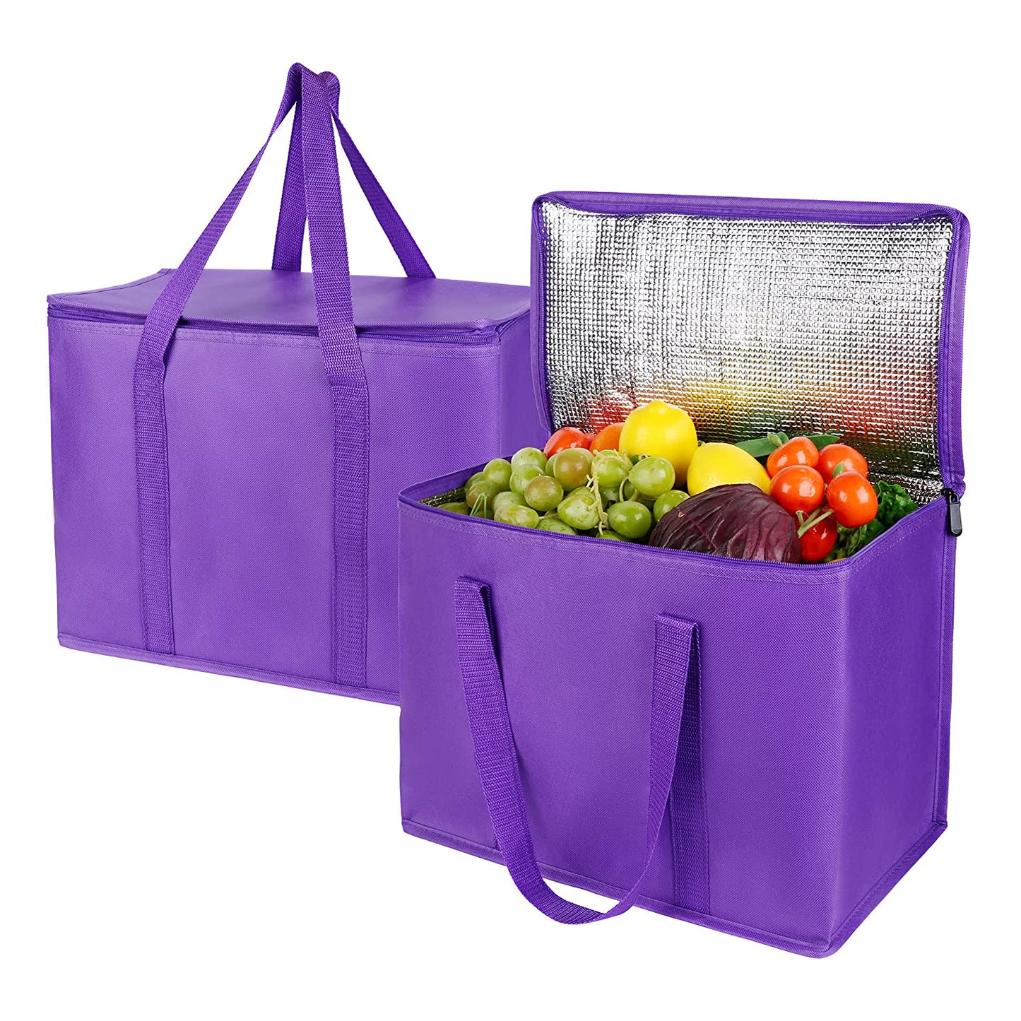 Extra Insulated Grocery Shopping Bags, Purple 2-Pack, Reusable, Heavy Duty, Zipped Zipper,Collapsible,Tote,Cooler,For Men,Women,For Car,Recycled