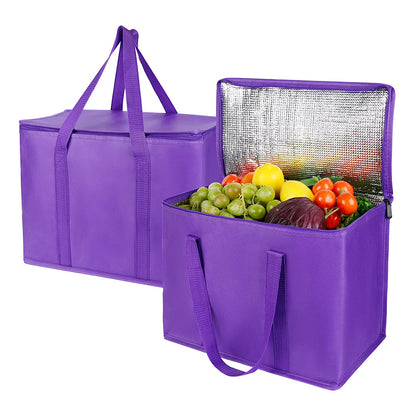 Extra Insulated Grocery Shopping Bags, Purple 2-Pack, Reusable, Heavy Duty, Zipped Zipper,Collapsible,Tote,Cooler,For Men,Women,For Car,Recycled