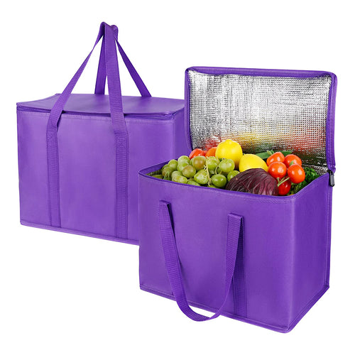 Extra Insulated Grocery Shopping Bags, Purple 2-Pack, Reusable, Heavy Duty, Zipped Zipper,Collapsible,Tote,Cooler,For Men,Women,For Car,Recycled
