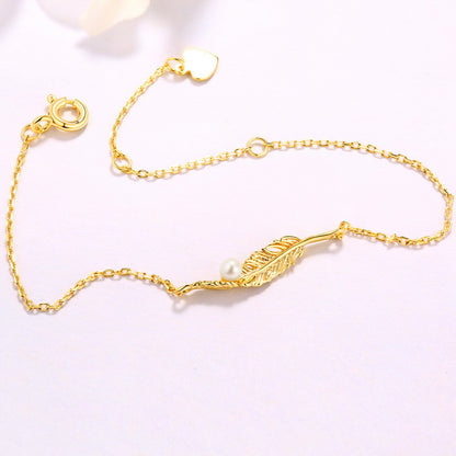 Custom Pearl and Feather Leaf Bracelet for Women