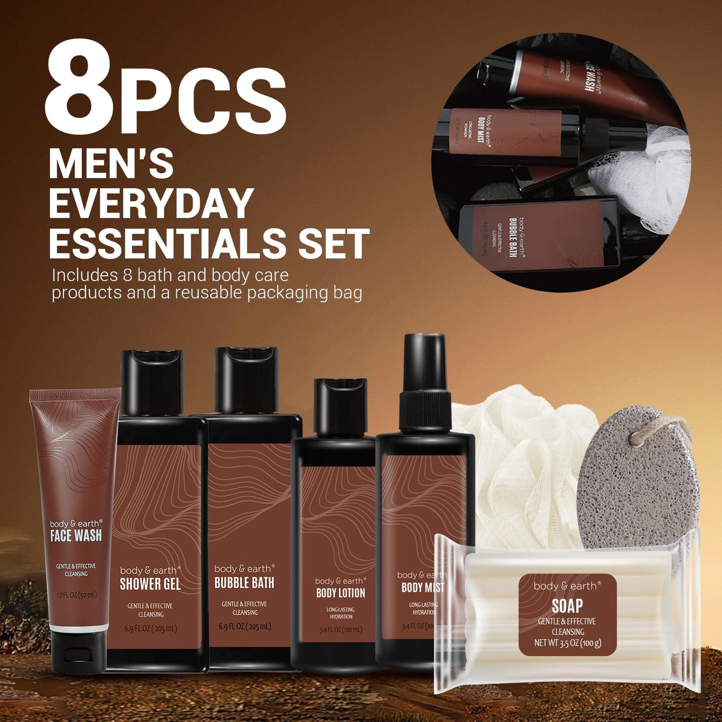，Father’S Day Gifts, Birthday for Men，8-Piece Gift Basket, Man Anniversary Gifts. Travel Size Toiletries with Sandalwood, Includes Body Wash，Body Lotion，Travel Bag
