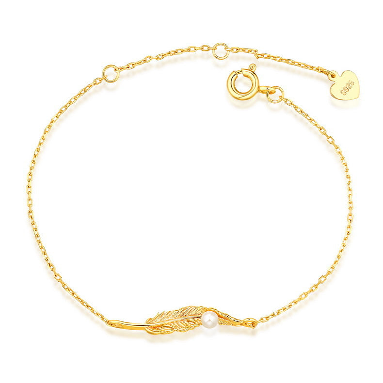 Custom Pearl and Feather Leaf Bracelet for Women
