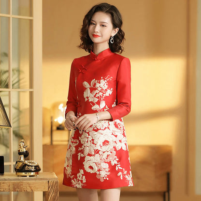 Retro Chinese Style Jacquard Mid-Length Cheongsam Dress