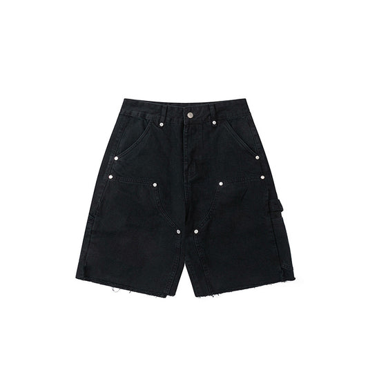 Distressed Washed Frayed Jeans with Rivet Trim