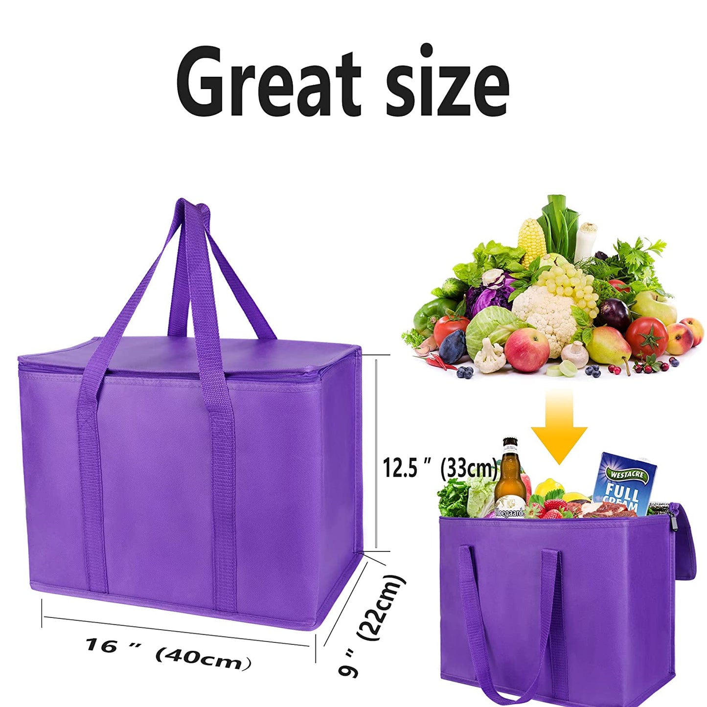 Extra Insulated Grocery Shopping Bags, Purple 2-Pack, Reusable, Heavy Duty, Zipped Zipper,Collapsible,Tote,Cooler,For Men,Women,For Car,Recycled