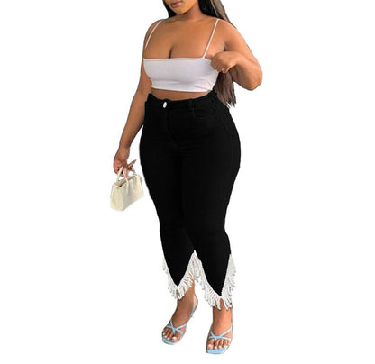 Plus Size High Waist Stretchy Denim Tassel Pants
