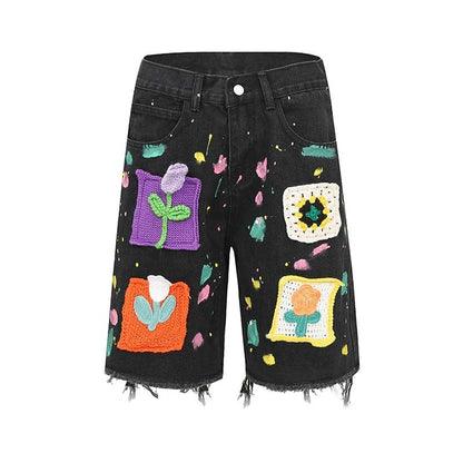 Vintage Knitted Flower Denim Shorts for Fashion Lovers