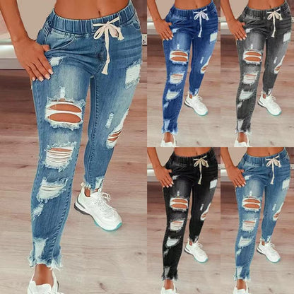 Women's High Stretch Ripped Denim Pencil Pants (Large Size)