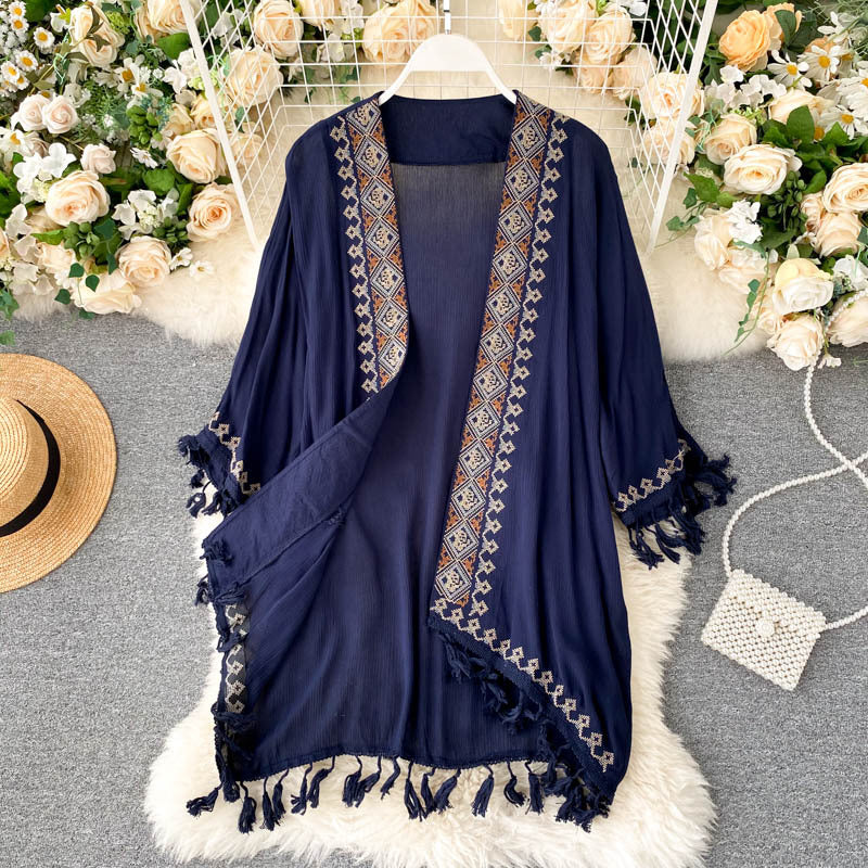 Bohemian Vintage Embroidered Cardigan with Fringe