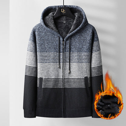 Hooded Men's Fleece Striped Cardigan Winter Jacket
