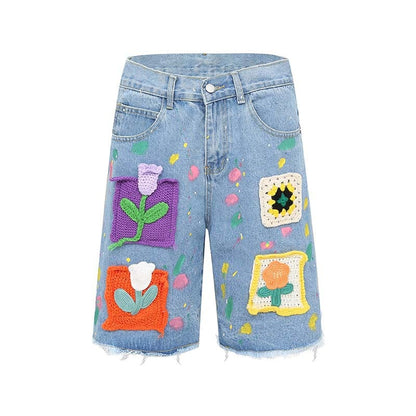 Vintage Knitted Flower Denim Shorts for Fashion Lovers
