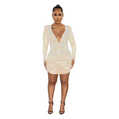 Fashion Women's Pure Color Mesh Hot Drilling Dress