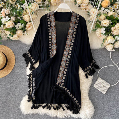 Bohemian Vintage Embroidered Cardigan with Fringe