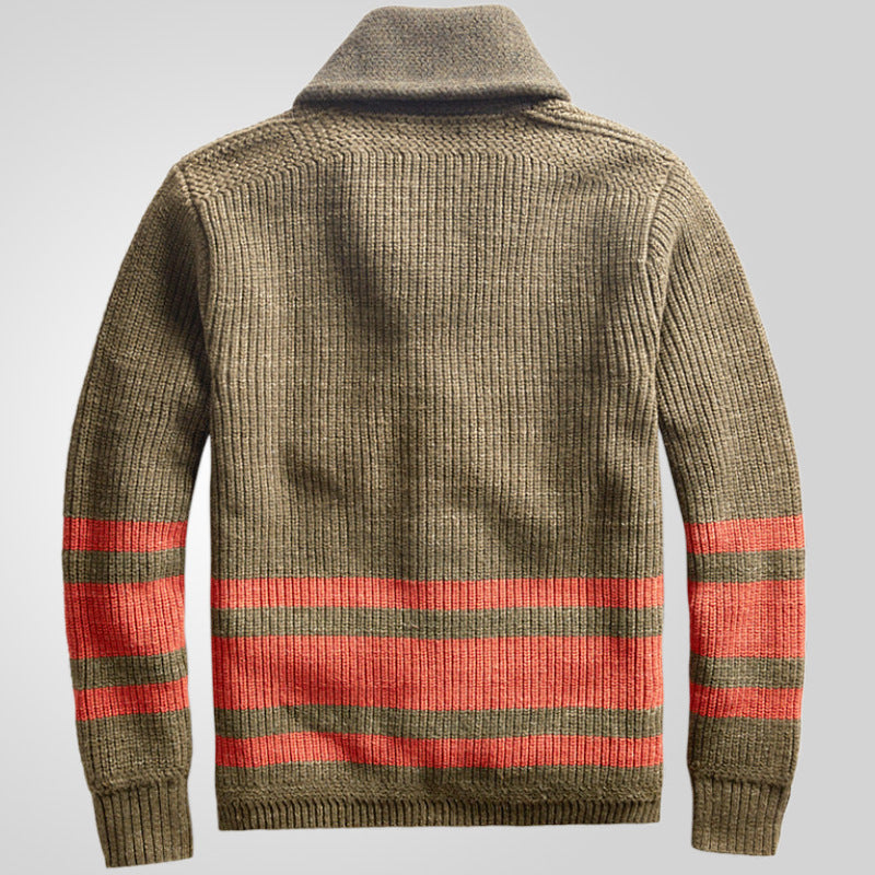 Men's Striped Knit Cardigan with Zipper and Lapel