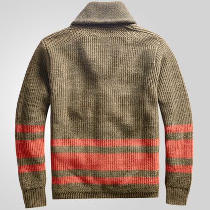 Men's Striped Knit Cardigan with Zipper and Lapel