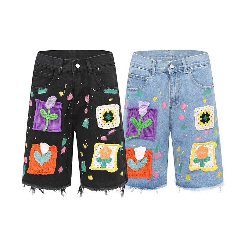 Vintage Knitted Flower Denim Shorts for Fashion Lovers