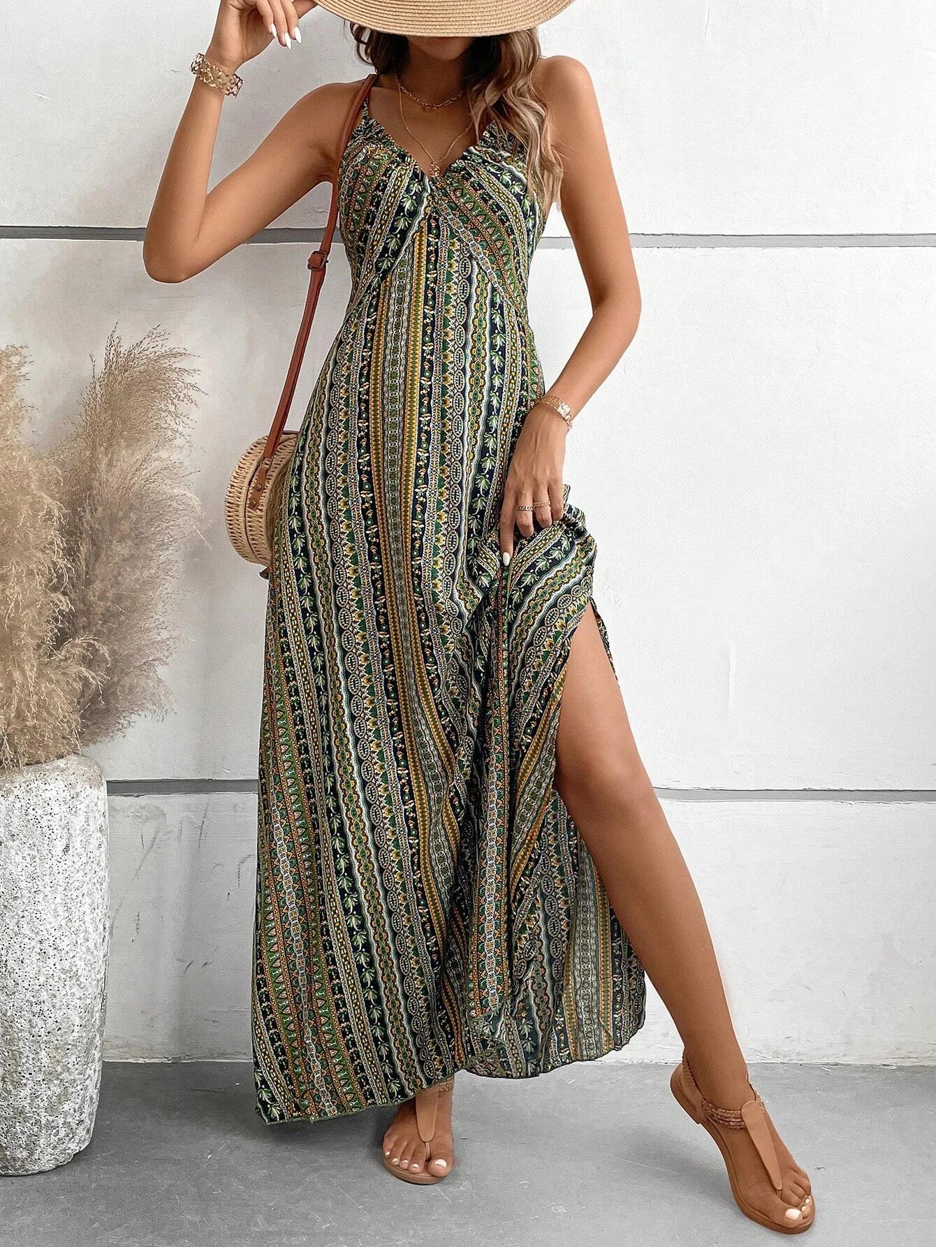 Women’s Boho Backless Split Thigh Maxi Dress