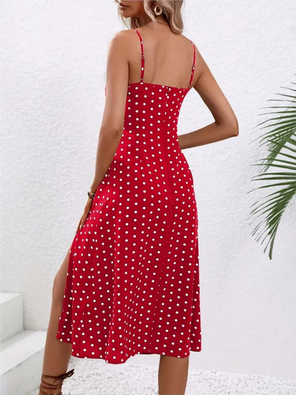 Polka Dot Spaghetti Strap Midi Dress – Backless A-Line