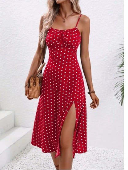 Polka Dot Spaghetti Strap Midi Dress – Backless A-Line