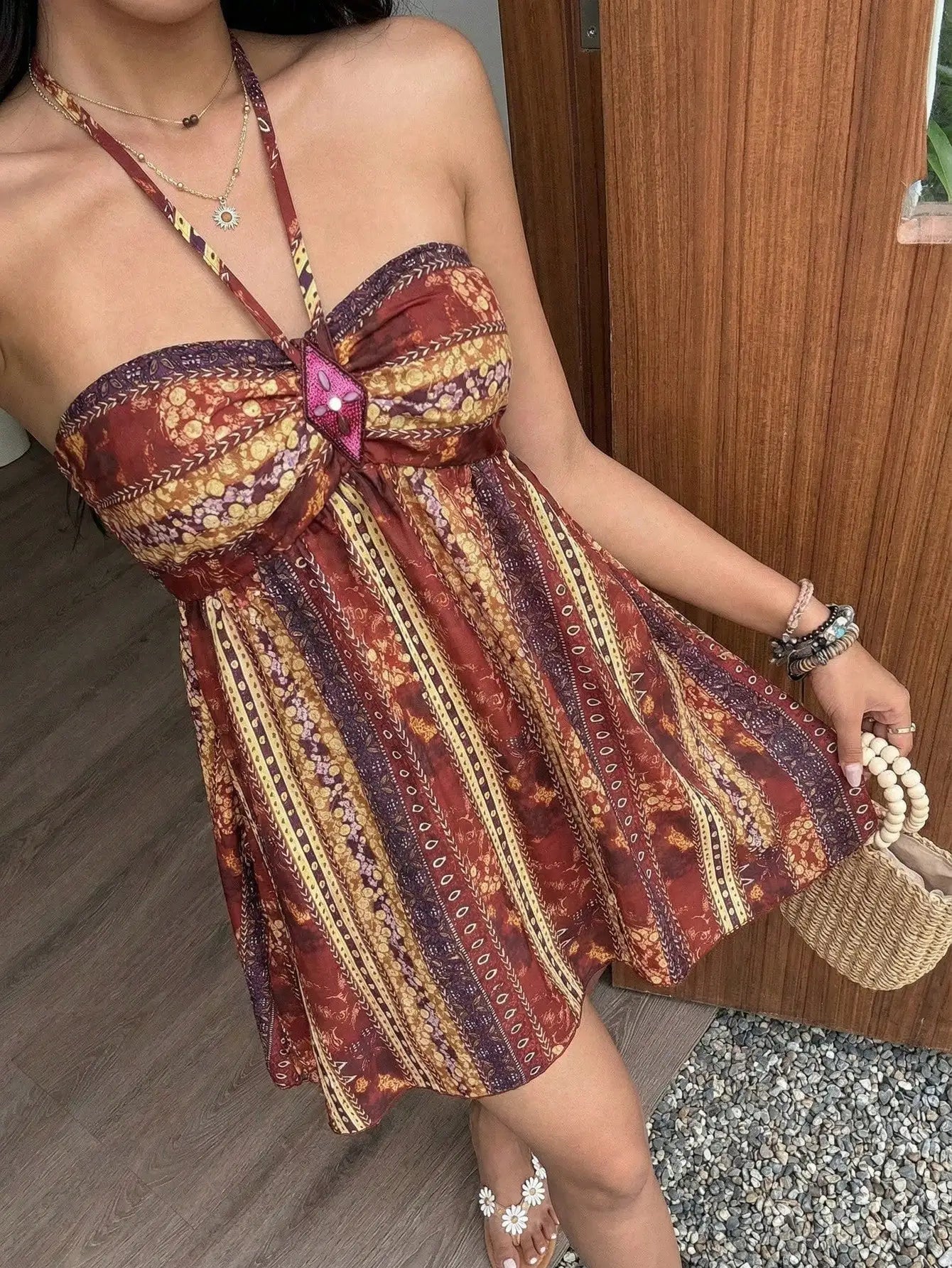 Boho Paisley Sequin Halter Mini Dress For Women