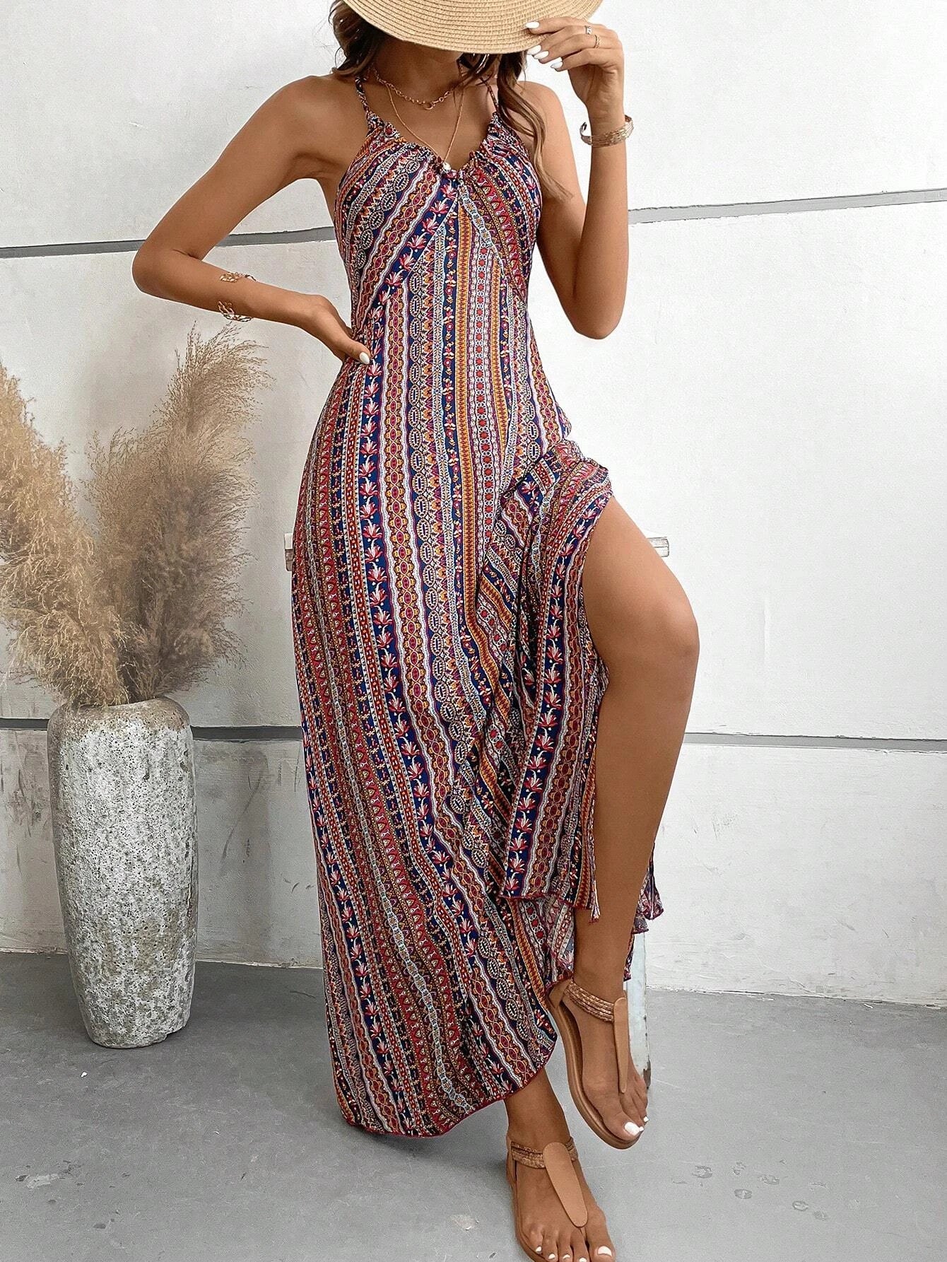 Women’s Boho Backless Split Thigh Maxi Dress