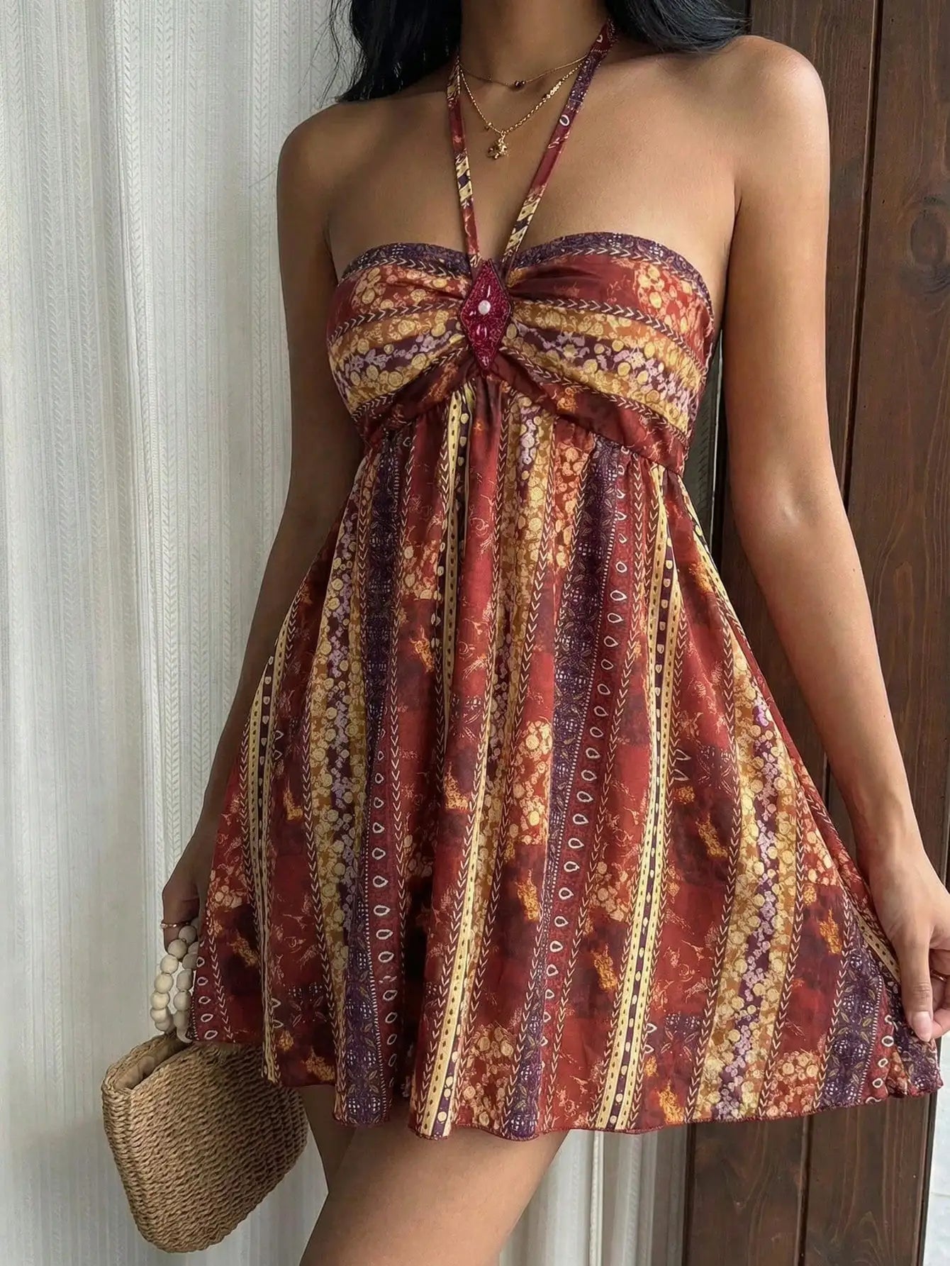 Boho Paisley Sequin Halter Mini Dress For Women
