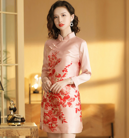 Retro Chinese Style Jacquard Mid-Length Cheongsam Dress