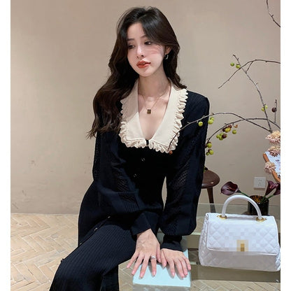 French Style Lace Collar Long Sleeve Knitted Dress