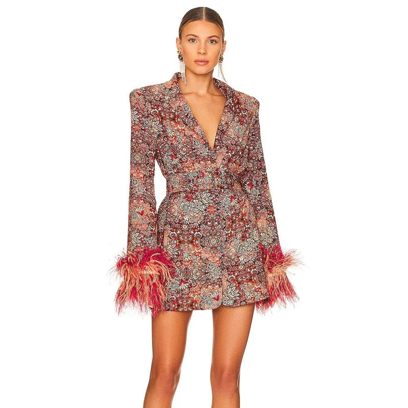 Elegant Women's V-neck Floral Dress with Feather Cuffs