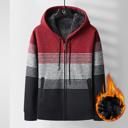 Hooded Men's Fleece Striped Cardigan Winter Jacket