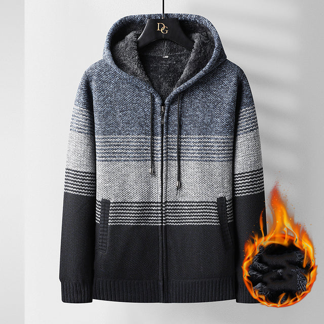 Hooded Men's Fleece Striped Cardigan Winter Jacket