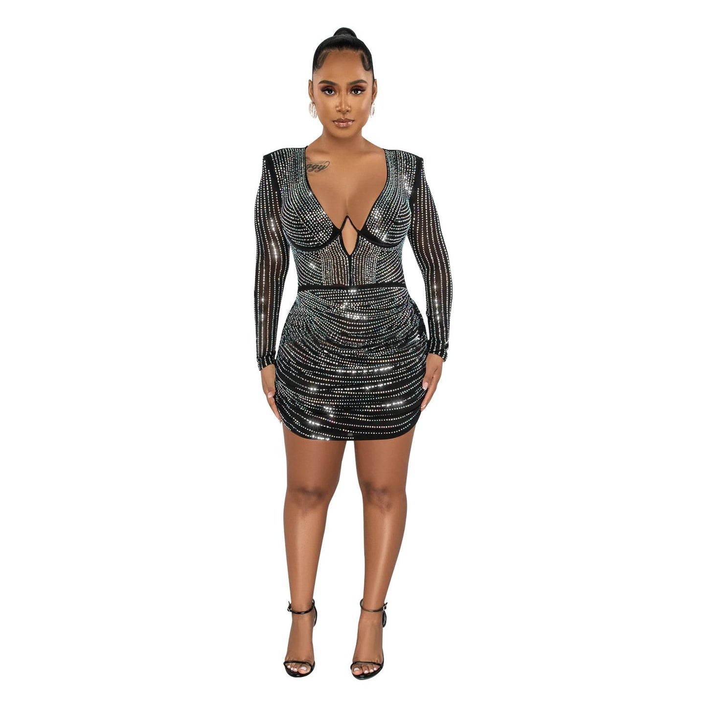 Fashion Women's Pure Color Mesh Hot Drilling Dress