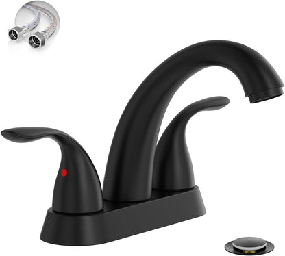 4 Inch 2 or 3 Holes 2 Handles Centerset Matte Black Lead-Free Bathroom Sink Faucet, Bathroom Faucet with Copper Pop up Drain and Water Supply Lines, BF008-5-MB