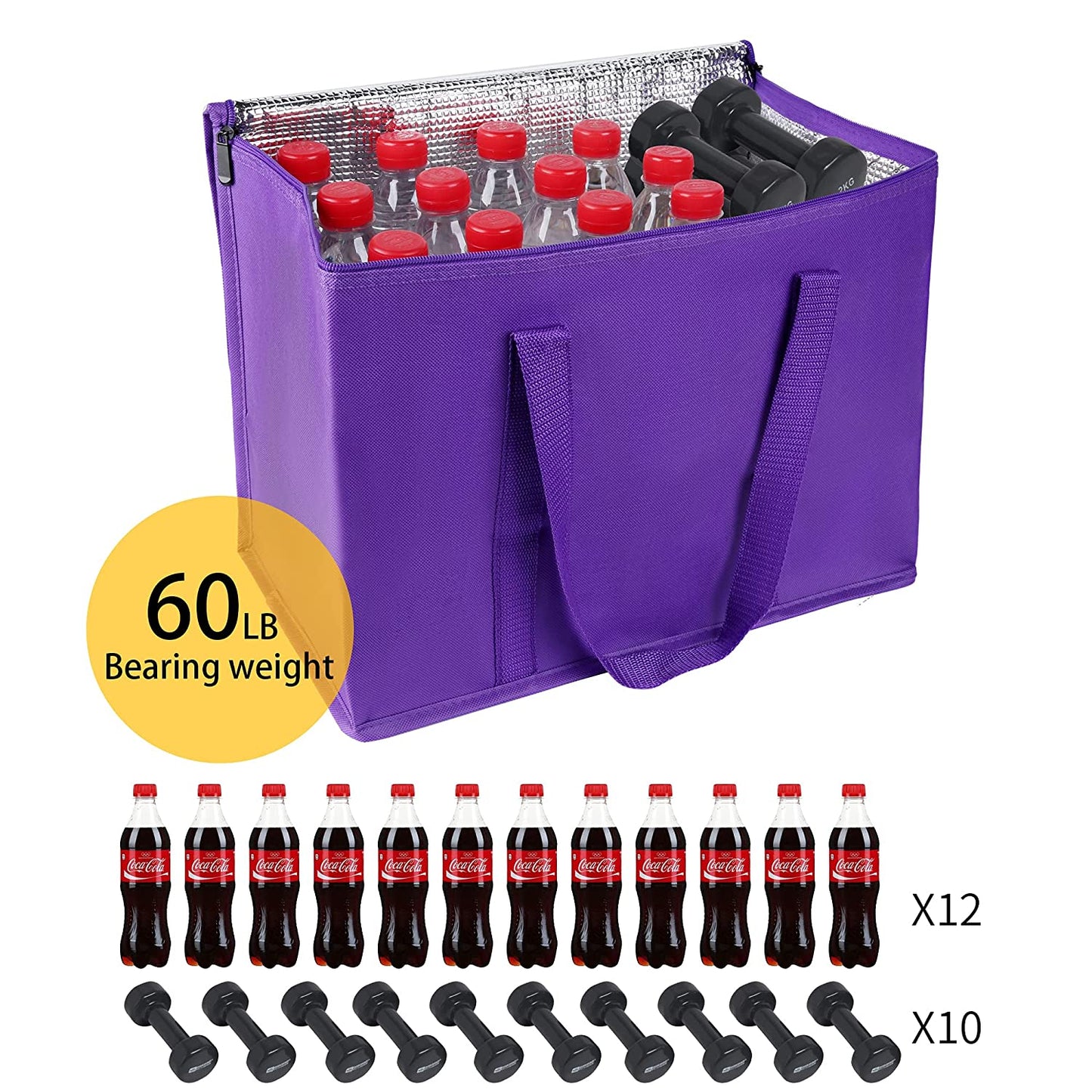 Extra Insulated Grocery Shopping Bags, Purple 2-Pack, Reusable, Heavy Duty, Zipped Zipper,Collapsible,Tote,Cooler,For Men,Women,For Car,Recycled
