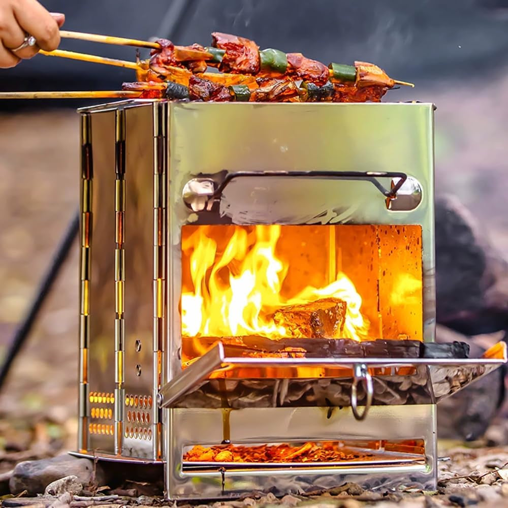 Wood Burning Folding Camp Stove Stainless Steel Grid, Portable Collapsible Backpacking Stove Survival Rocket Stove for Hiking Outdoor Tent Camping Picnic BBQ, Samll