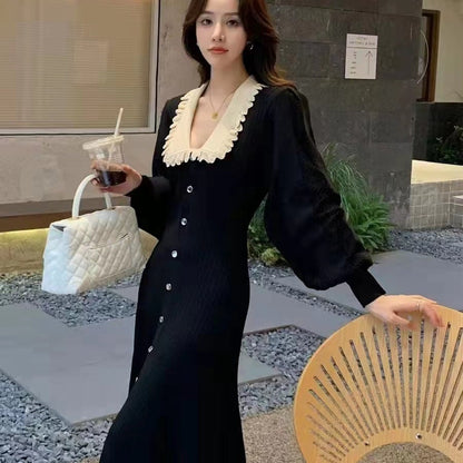 French Style Lace Collar Long Sleeve Knitted Dress