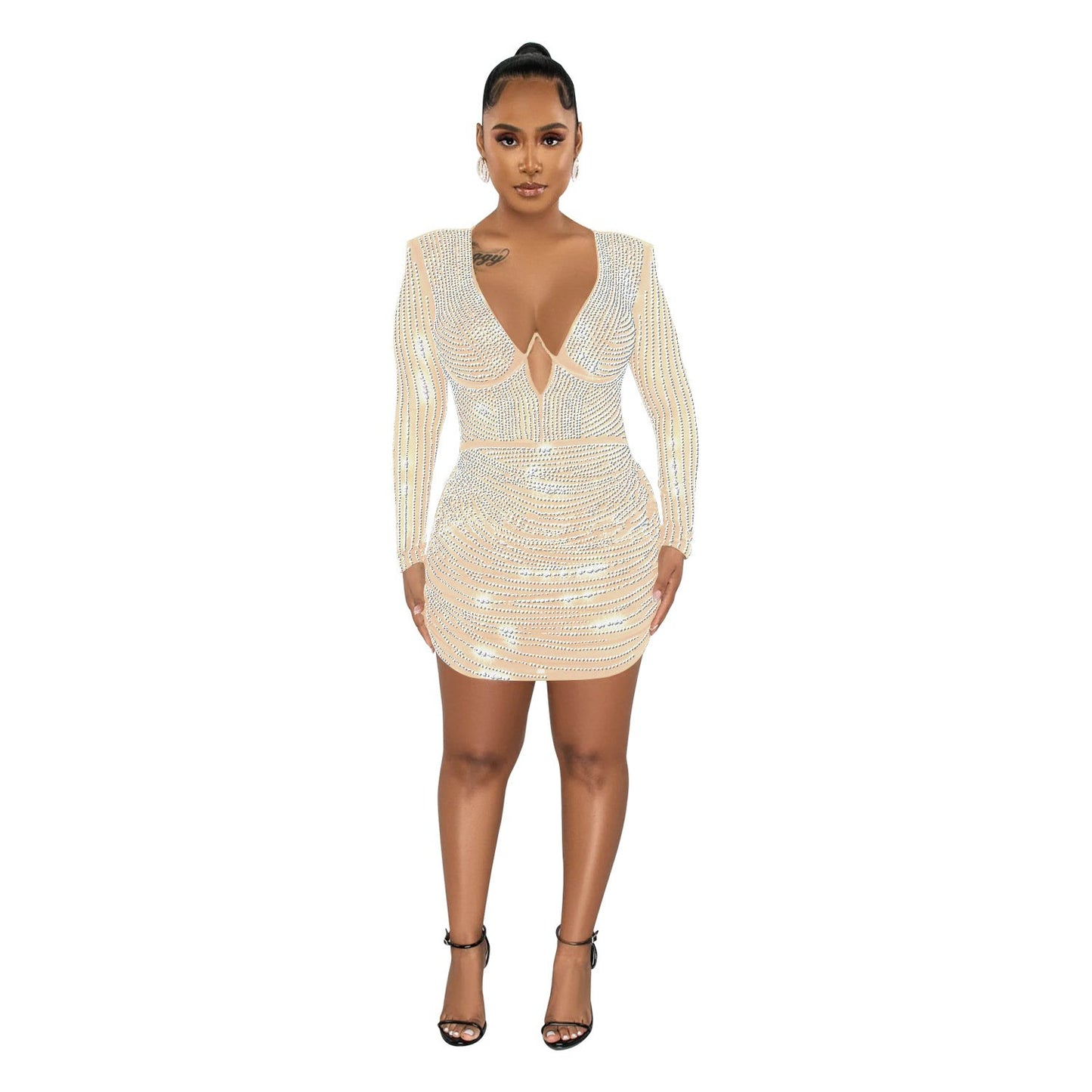 Fashion Women's Pure Color Mesh Hot Drilling Dress