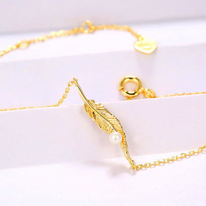 Custom Pearl and Feather Leaf Bracelet for Women