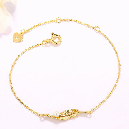 Custom Pearl and Feather Leaf Bracelet for Women